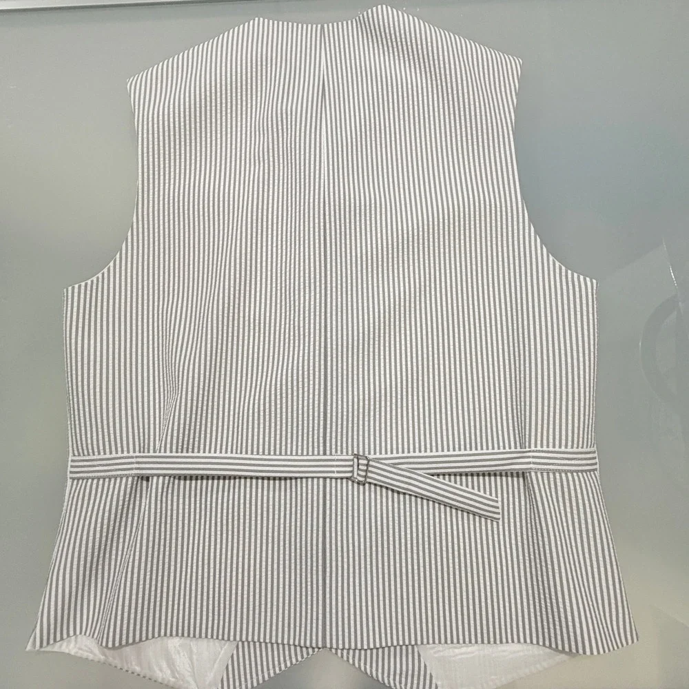 Mecca Men Seersucker Blazer and Vest Set Gray White Striped 3 Button Suit Jacket